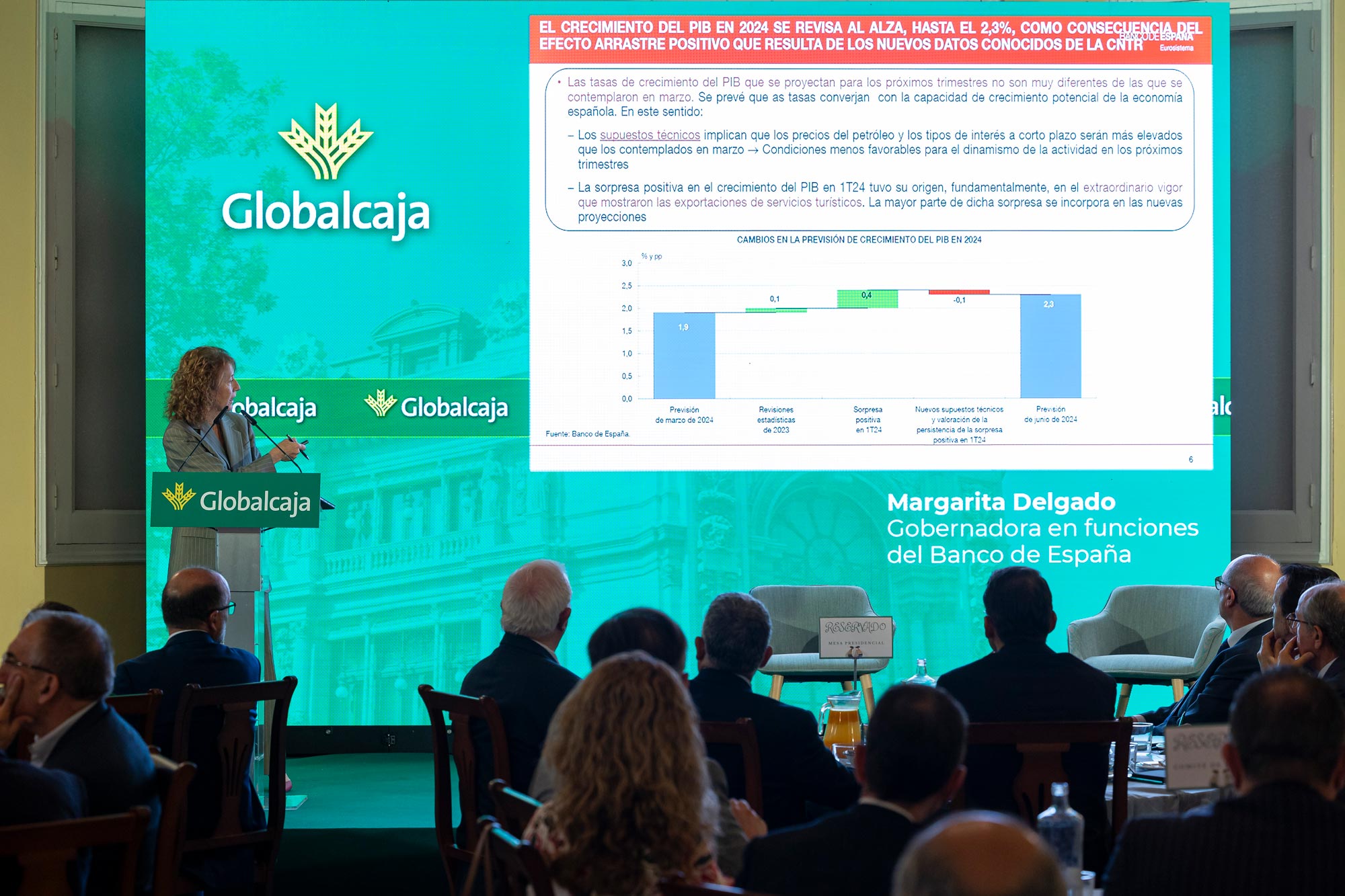 Margarita Delgado durante su intervención en el desayuno empresarial de Globalcaja. 